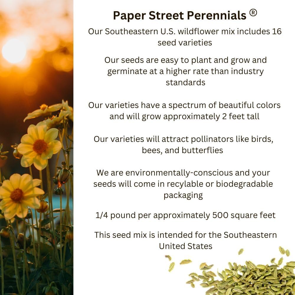 Southeastern US Bulk Perennial Wildflower Seed Mix 1lb Covers 2,000sq-ft - Attract Pollinators, Multi-Color Blooms - Southeast US Species Plant in Spring/Fall, Earth-Friendly Packaging (1/2 Pound)