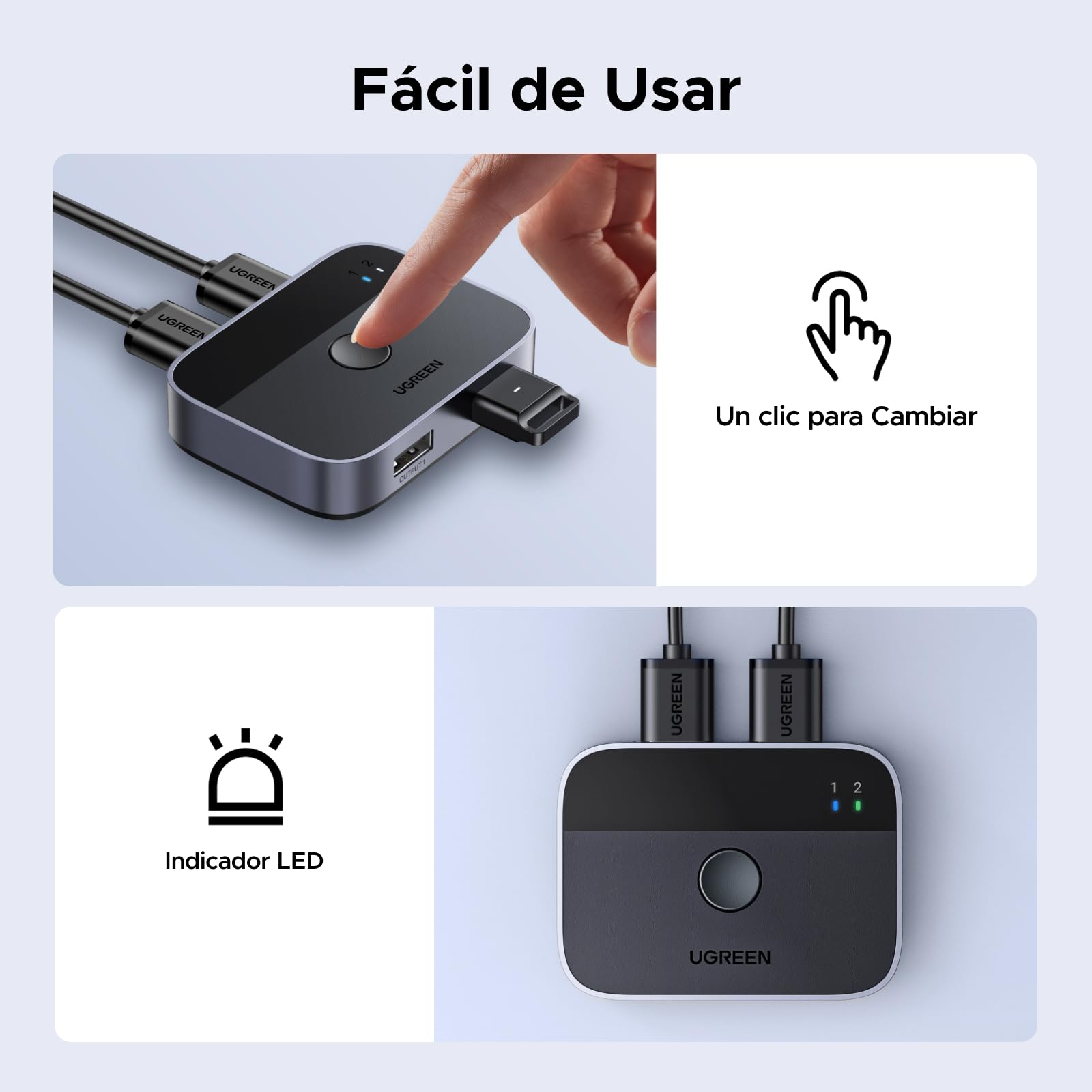 UGREEN Switch USB 3.0 5Gbps KVM Switcher 2 Puertos para 2 PC 2 Entradas 2 Salidas Aluminio para Teclado Ratón Disco Duro Externo Impresora Escáner 2 Cables 3.0 Incluidos