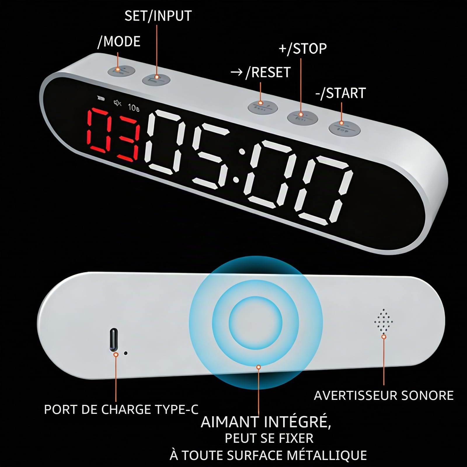 Timer Sport Portable, Gym Timer Sport Minuteur Fitness Aimanté Intervall Timers Horloge avec ChronomèTre, Compte à Rebours/Montée, RéGlable Luminosité/Volume pour Gym Garage EntraîNement