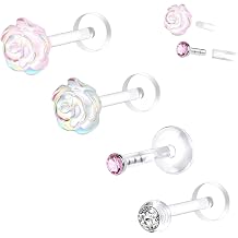 4Pcs 16G Plastic Earrings for Surgery Work, Clear Nose Rings Bioflex Plastic Piercing Retainer, Tragus Daith Lobe Helix Rook Piercing Jewelry Cartilage Clear Earrings for Women Flat Back Studs Lip Rings 8mm