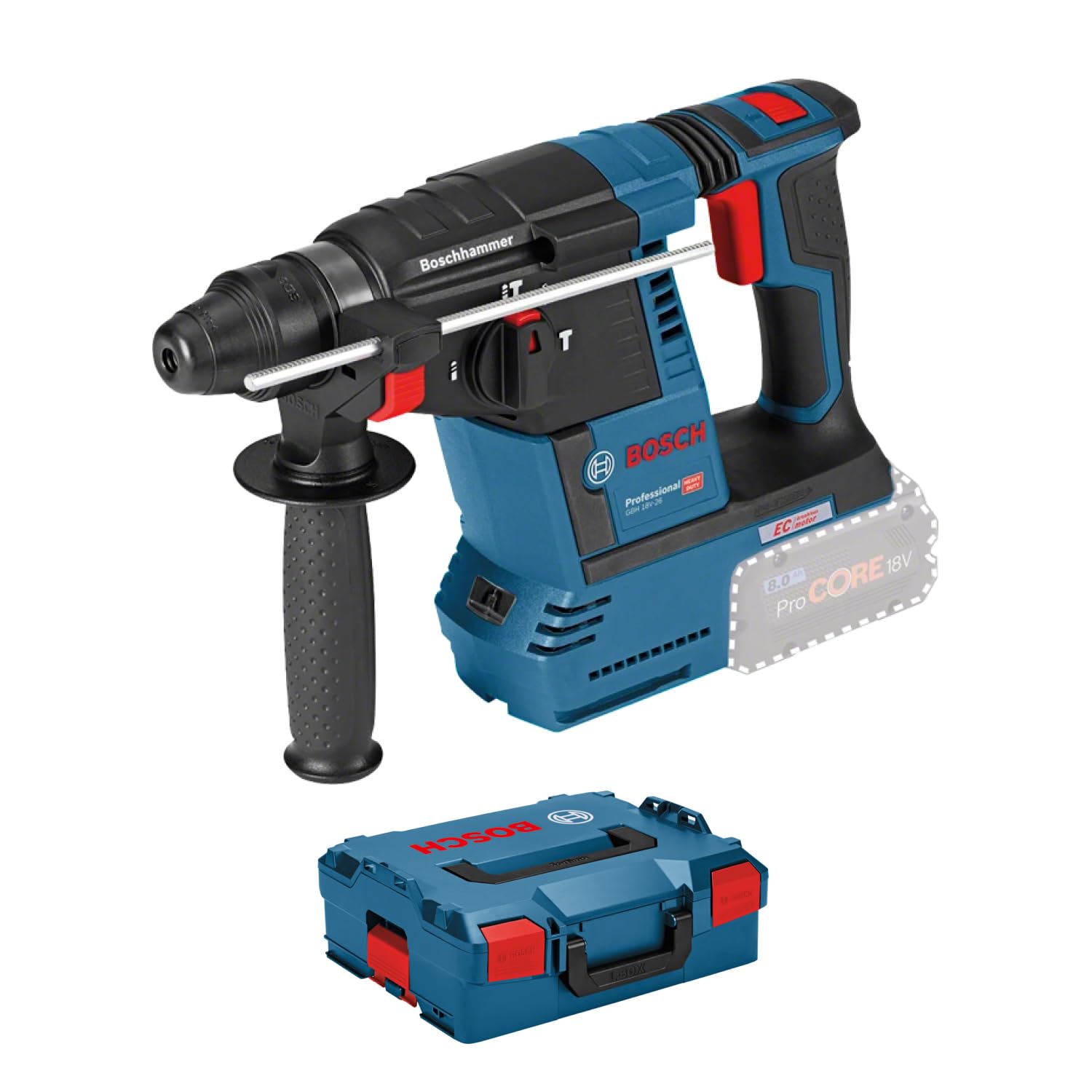 Bosch Professional 18V System Akku Bohrhammer GBH 18V-26 (SDS Plus, Bohr-Ø max: Beton/Stahl/Holz 26/13/30mm, inkl. Zusatzhandgriff, Tiefenanschlag 210mm, Maschinentuch, L-BOXX, ohne Akku/Ladegerät)