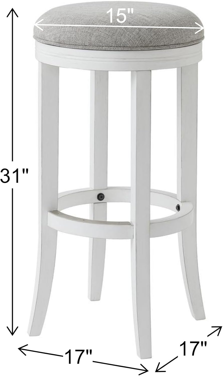 New Ridge Home Goods Avery 31in. Bar-Height Wood Backless Barstool with Upholstered Grey Swivel Seat, White Frame