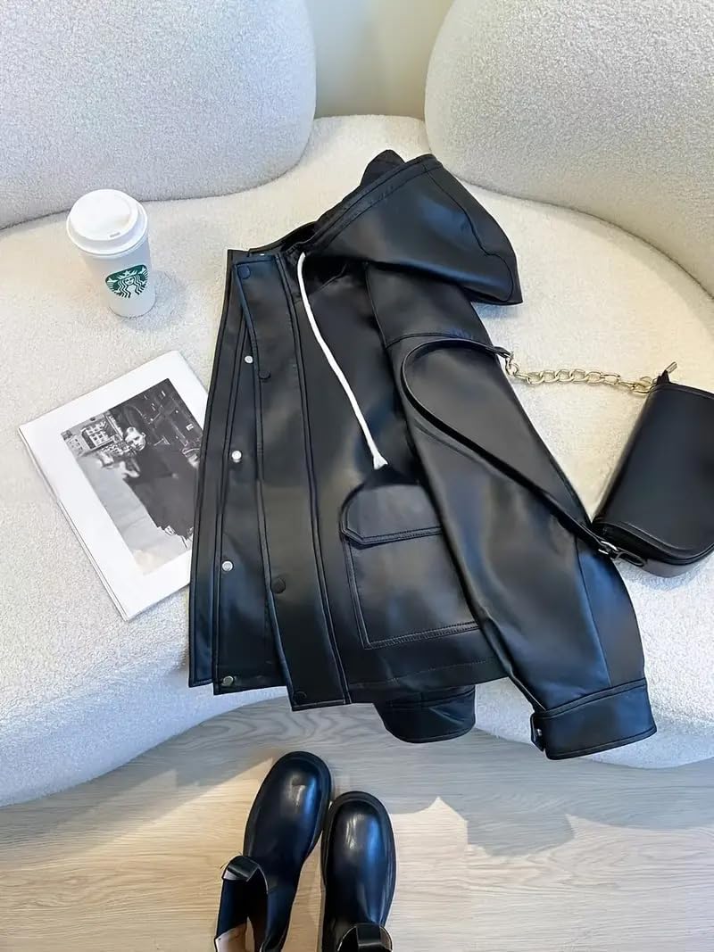 Women's Faux Leather Hooded Jacket, Black, Zip Front with Pockets, Casual Streetwear Style
