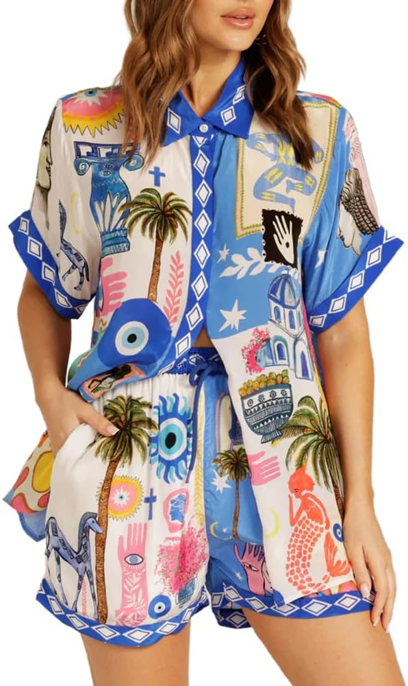 Women's Summer 2 Piece Shorts Set Button Down Short Sleeve Shirt Drawstring Shorts Beach Casual Tracksuit Set