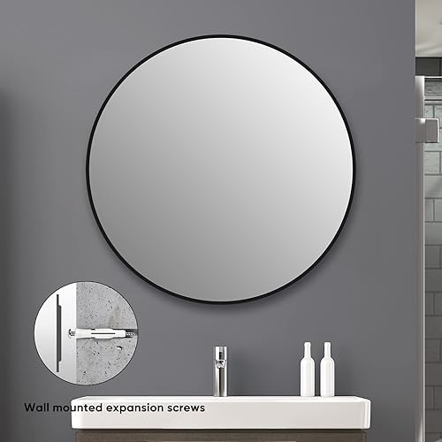 Miniatura 2 de Espejo de pared para baño, espejo de marco de metal negro, espejo redondo de montaje en pared, espejo de tocador de baño, 30 pulgadas (SBMRFB30)