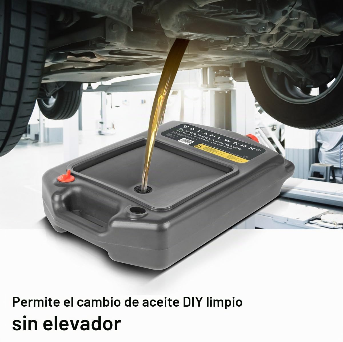 STAHLWERK Bidón de cambio de aceite 10 L - Robusta cubeta de recogida de aceite, móvil y flexible, cubeta de aceite con ayuda de recogida, función 2 en 1, bidón de aceite y combustible para coche