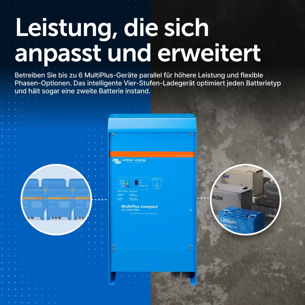 Victron Energy MultiPlus Reiner Sinus Wechselrichter 80 Amp Batterie Ladegerät, Spannungswandler, Transferschalter Inverter Kompakt, 2000VA 12-Volt 230V