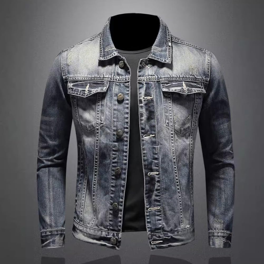 Minetom Giacca di Jeans Uomo Vintage Giubbotto Casual Denim Giubbino Slim Fit Jacket con Botonni E Tasche Primavera E Autunno