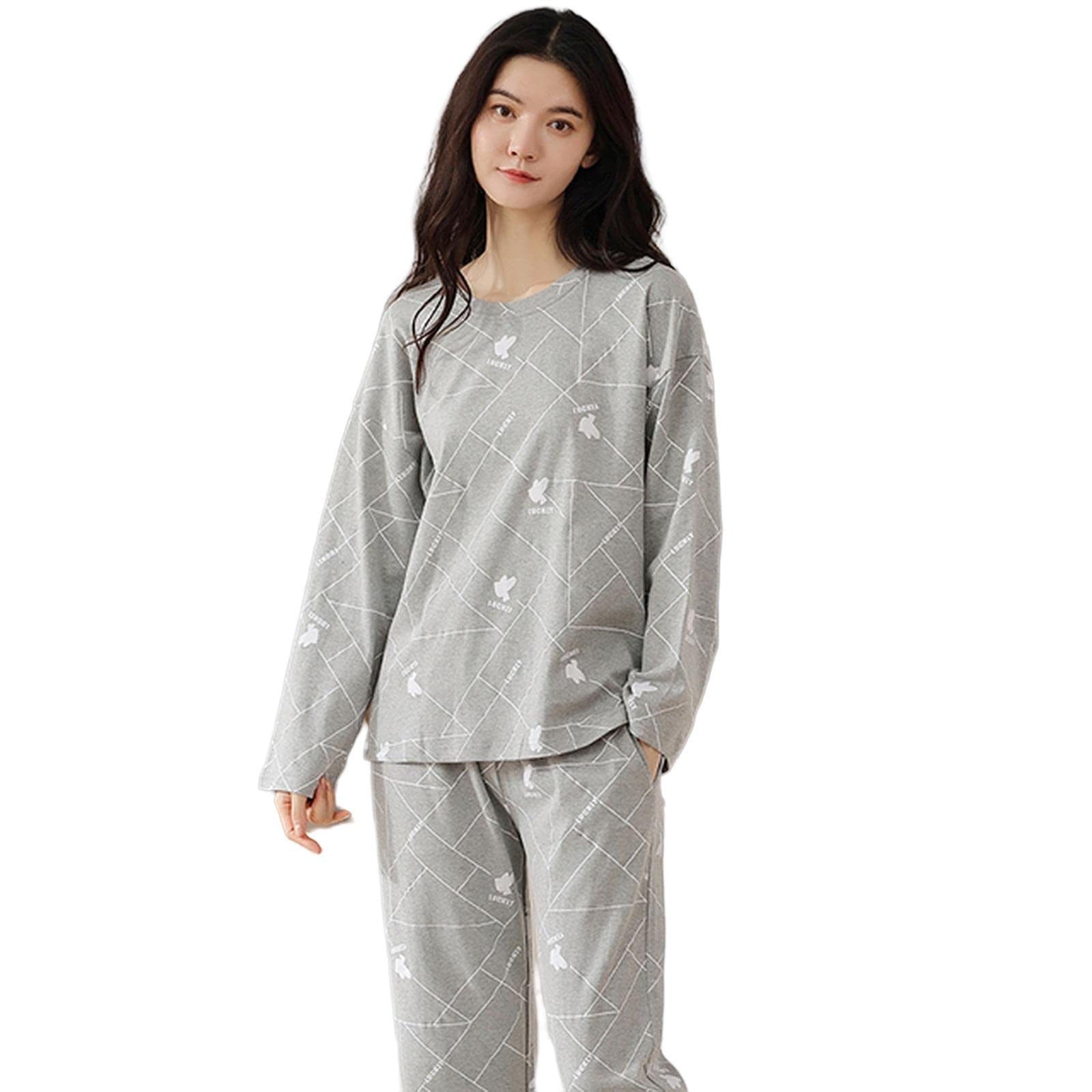 MOGSA Pijama para mujer, primavera, otoño, de algodón, elegante, floral, conjunto de ropa de dormir, pantalones a cuadros, para mujer, hogar, W17, L asiático (50-60 kg)