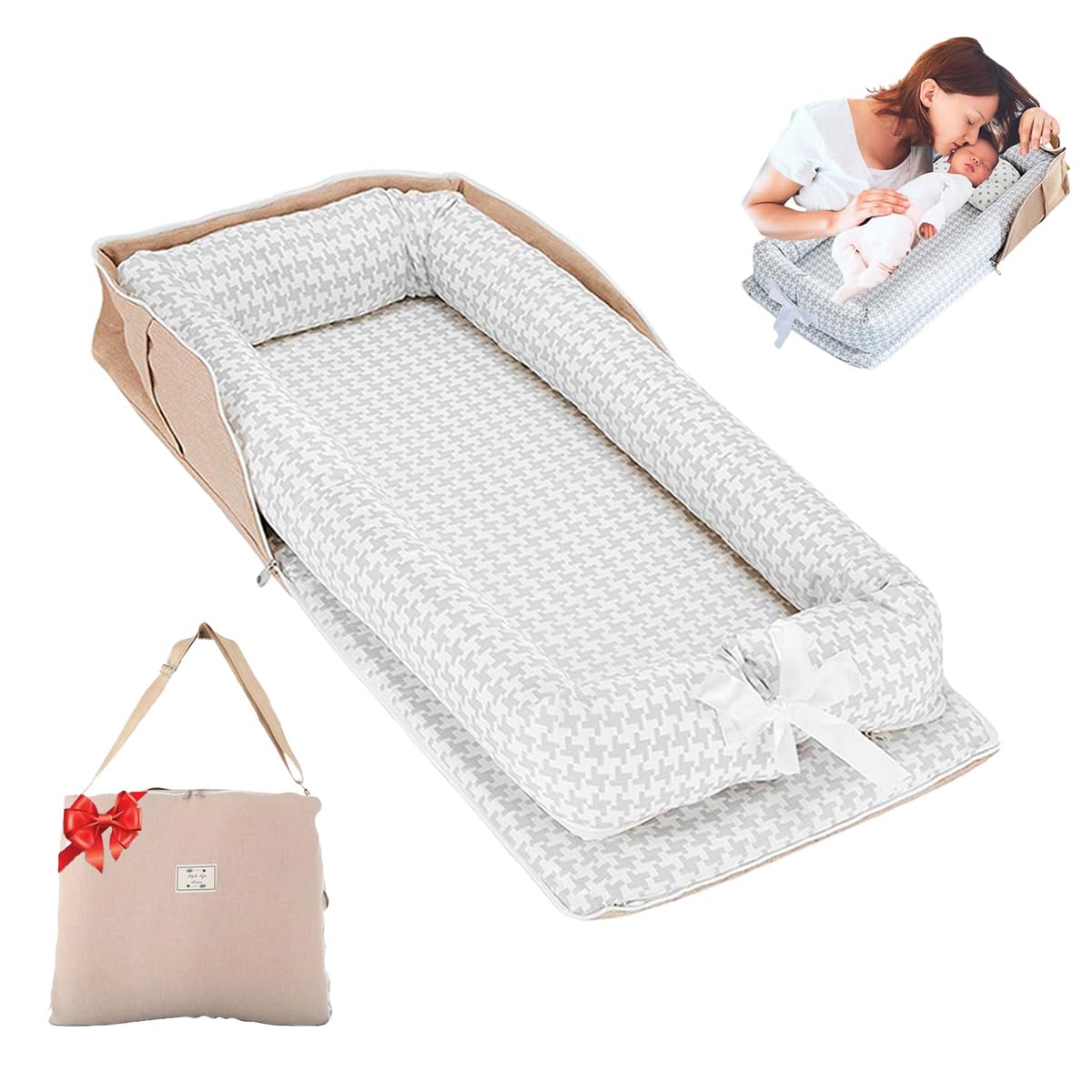 Loevin Baby Lounger for Newborn Portable Bag,Baby Nest Play Gym mat with Strap,Newborn Lounger Adjustable Size & Inner Zipper Lengthen Space to 24