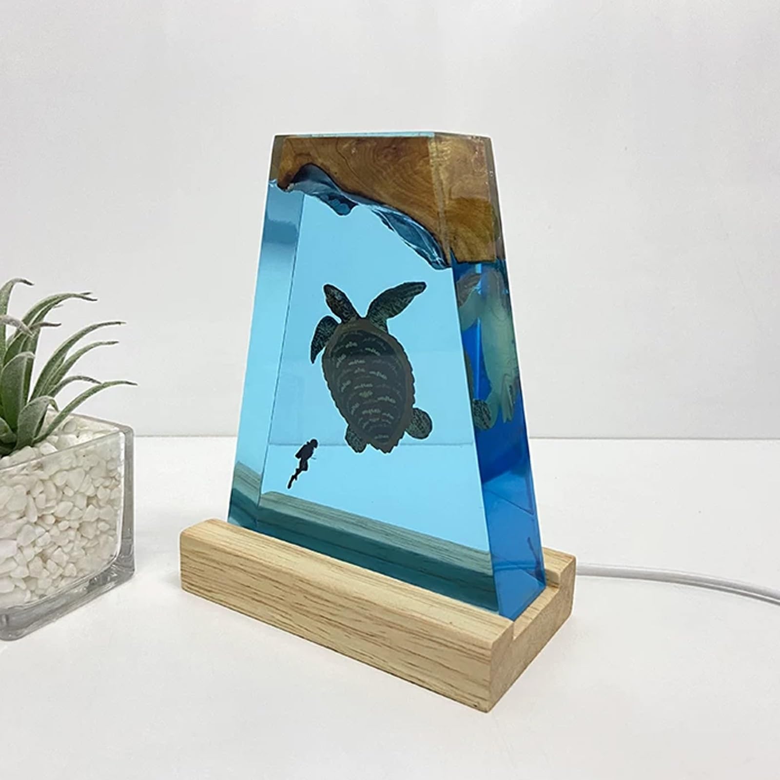 ATCKCALB Handmade Resin Lamp, Ocean Decor with Scuba Diver, Whale Shark & Turtle, Unique Table Lamp & Night Light for Room Decor & Gifts