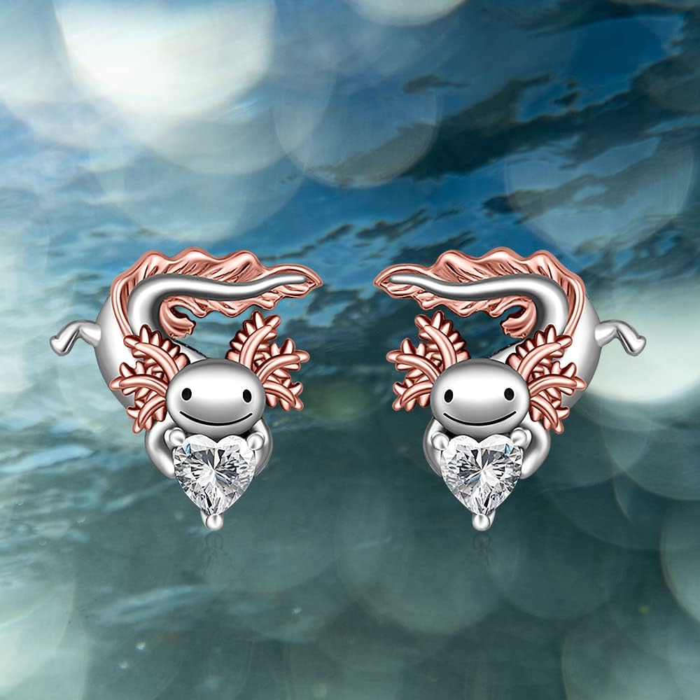 Axolotl Earrings for Women Sterling Silver Mexican Axolotl rhinestone Heart Animal Earrings Kawaii Valentines Gifts - Image 9