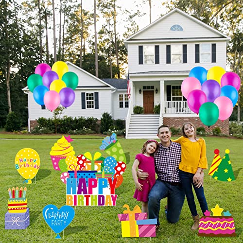 Hobby Horse 9 Pieces Colorful Happy Birthday Yard Sign With Stakes & 18 Balloons Waterproof Letter Cake Cupcake Hat Balloon Gift Box Yard Sign Lawn Decorations For Outdoor Birthday Party Supplies #TOP6