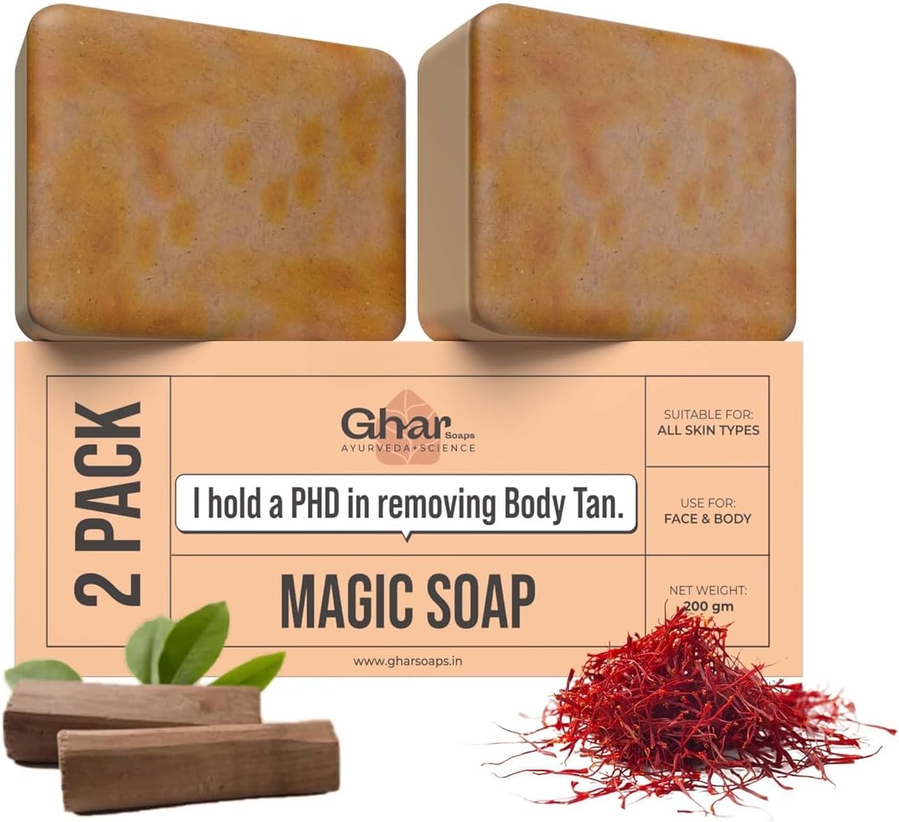 G'har Soaps Sandalwood & Saffron Magic bar For Bath (100 Gms Pack Of 2) | Paraben Free | Chandan & Kesar Bath Bar | Handmade Soaps For Glowing | Skin Brightening bar For Men & Women