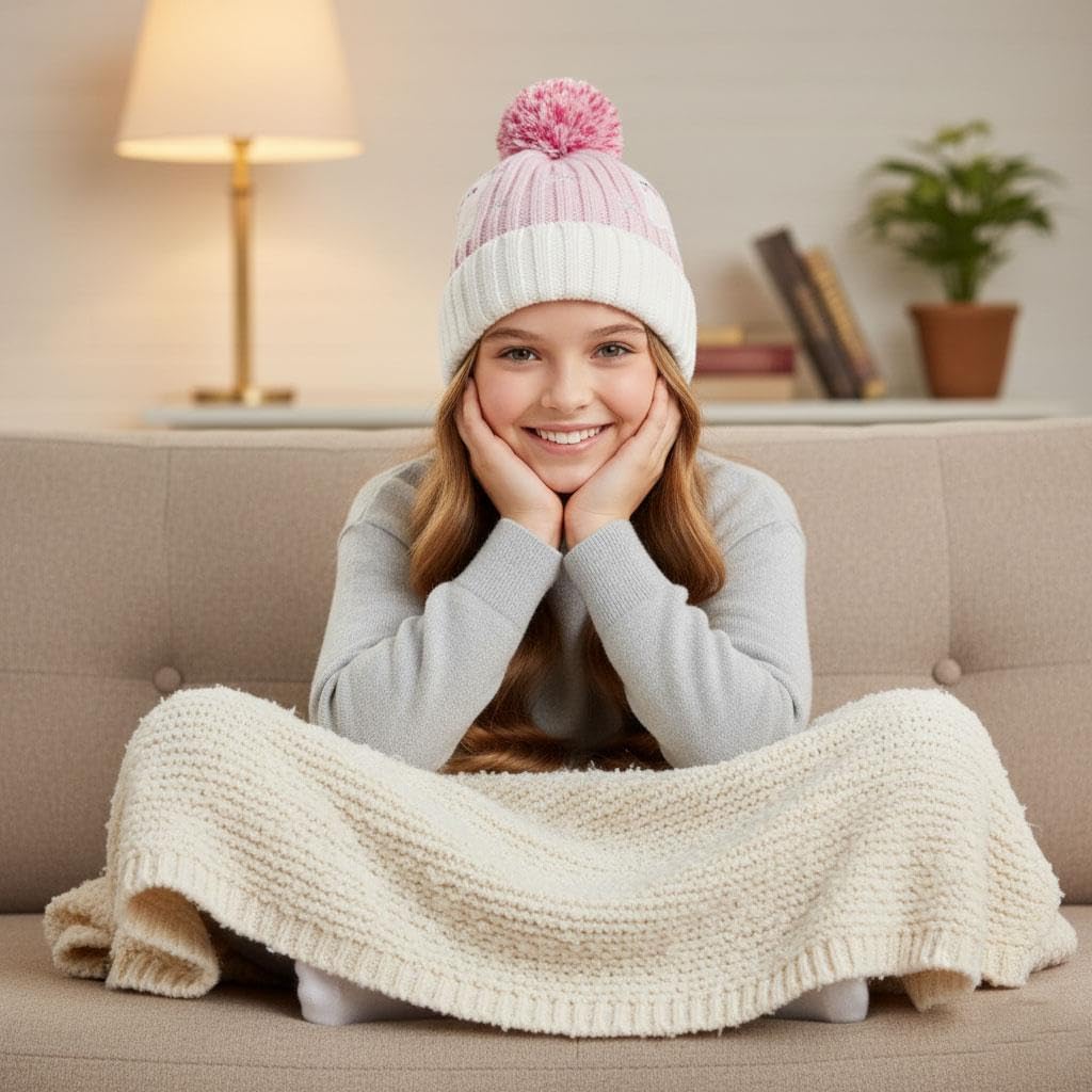 A2Z 4 Kids Niñas Sombrero Cable Tejido Pom Pom Sombrero Ribeteado Vuelto Beanie Invierno Caliente Forro de Fleece Acogedor Gorras Duradero Estiloso Cómodo Accesorios Invernales Sombreros