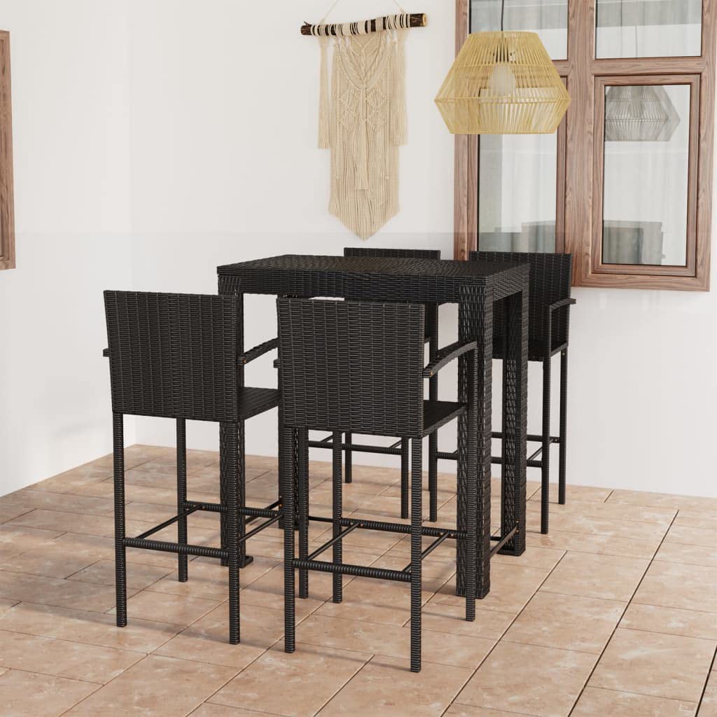 5-Piece Garden Bar Set, Poly Rattan, Black, Bar Table, 100 x 60.5 x 110.5 cm, 4 Outdoor Bar Stools with Armrests, Dining Room Furniture for Patio