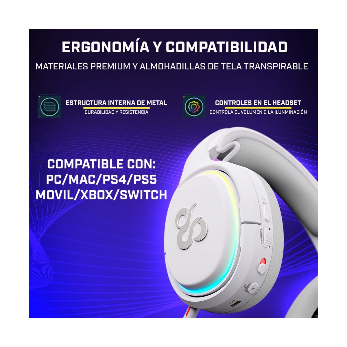 NewSkill Casque de Jeu sans Fil Aton Ivory, Microphone intégré, autonomie de 18 Heures, configurable RGB, Bluetooth 5.0, Casque d'ordinateur Ergonomique, Compatible PC/PS4/PS5/Mac/XBOX/Android Blanc
