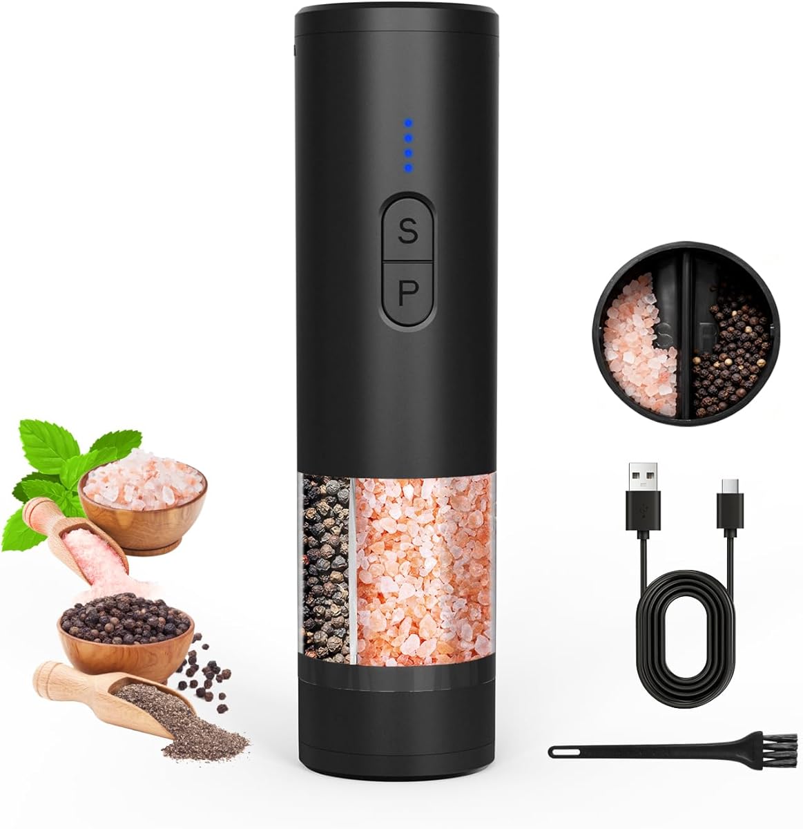 Electric Salt and Pepper Grinder Set, 2 in 1 USB Rechargeable Automatic Salt & Pepper Shakers Mill Refillable Adjustable Coarseness with LED Light