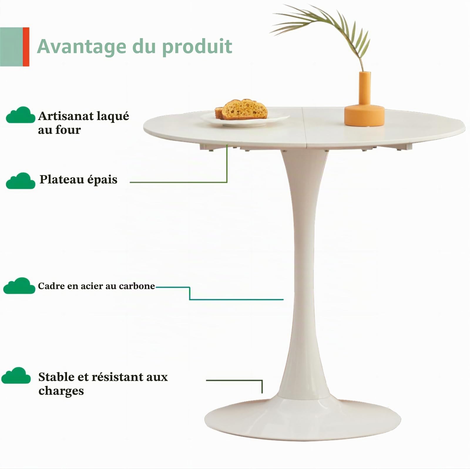 GrandCA Home Table à Manger Ronde Moderne Blanche 80 cm, Table Ronde 80 cm, Table à Manger Ronde, Convient pour 2 à 4 Personnes, Convient pour Cuisine, Salon, Salle à Manger, Blanche