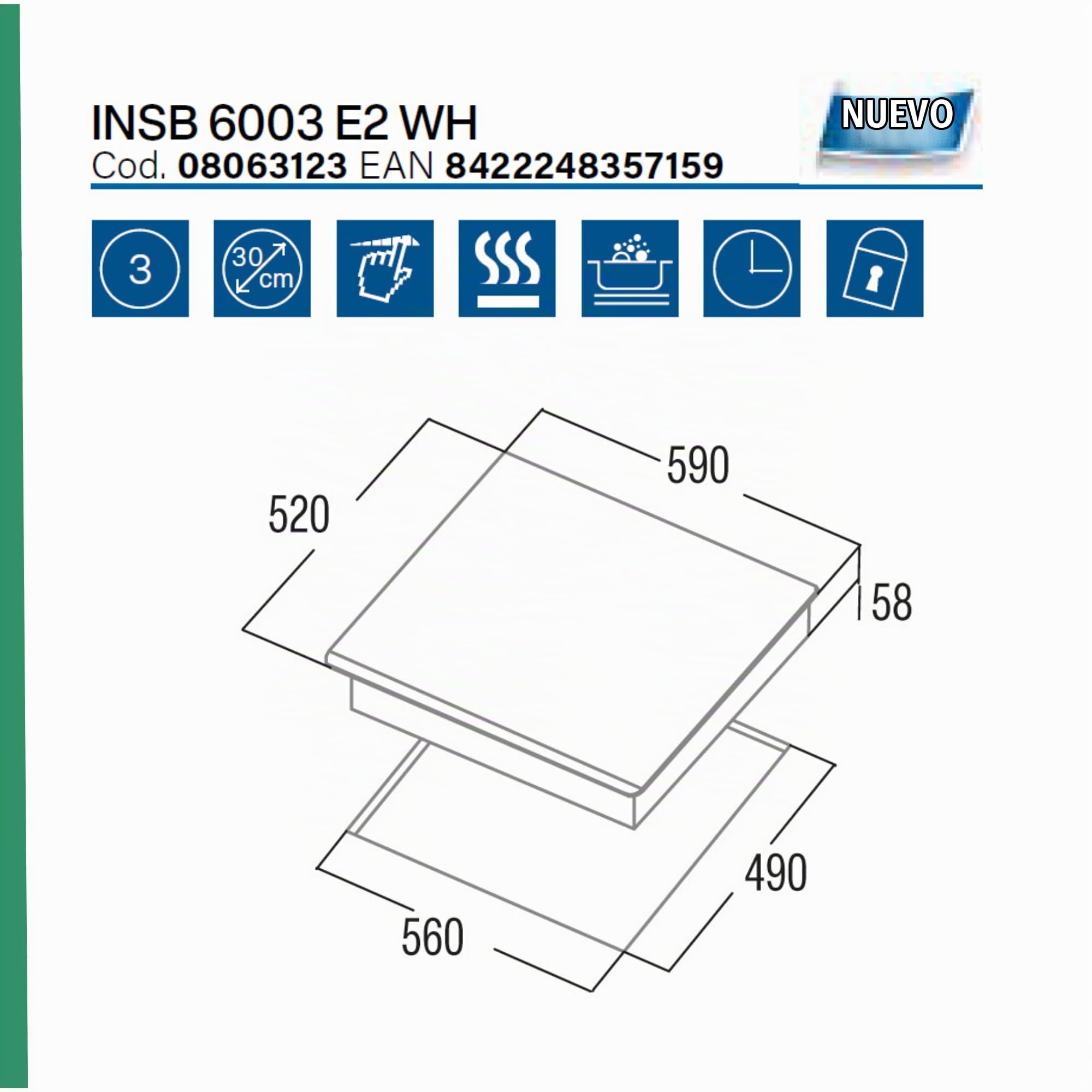 CATA Placa Inducción IB 6003 E2 WH, 3 Areas Cocción, Control Tactil Deslizante, 9 Niveles Potencia Regulable, Bloqueo Seguridad, Temporizador, Detección Recipientes, Bisel Frontal 59cm, Color Blanco