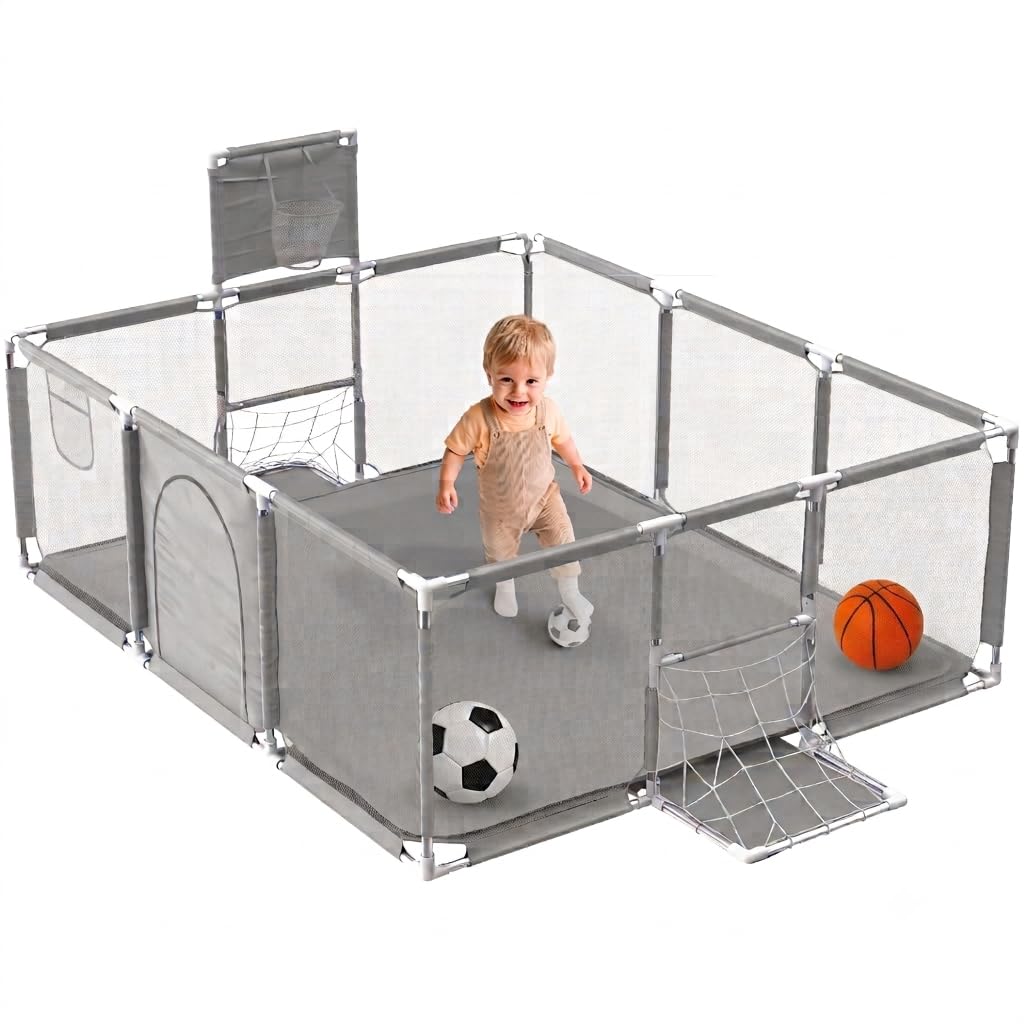JUPPLIES Parque Infantil Bebe + Pelota de Fútbol y Baloncesto - Corralito Plegable 180 x 120 x 60cm - Parque de Juegos Con Malla Transpirable - Centro de Actividades Gimnasio Parque Gris