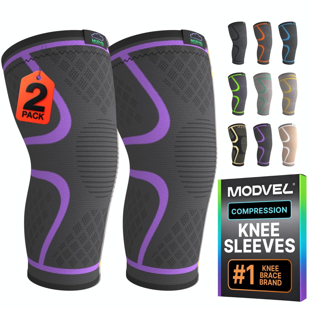 Modvel Compression Knee Brace for Women &amp; Men - 2 Pack Knee Brace for Running Knee Pain, Knee Support Compression Sleeve, Workout Sports Knee Braces for Meniscus Tear ACL &amp; Arthritis Pain Relief