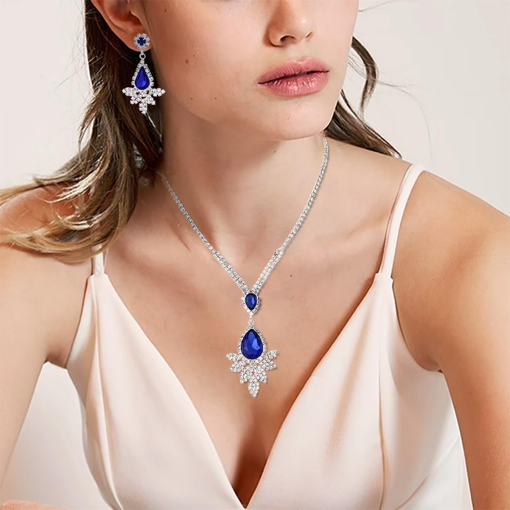 Urieo Rhinestone Wedding Jewelry Set Teardrop Necklace Earrings Prom Jewelry Accessories for Women - Image 2