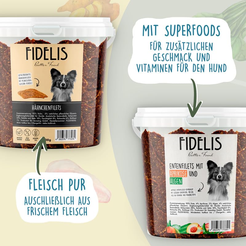 Fidelis – Putenfilets für Hunde im wiederverschließbarem 500gr-Eimer - Luftgetrocknete Hunde Leckerlis aus 100% natürlichen Rohstoffen