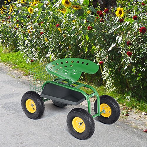 Giantex Garden Cart Rolling Tray Gardening Planting With Work Seat And Basket Outdoor Work Cart On Wheels Green #TOP4
