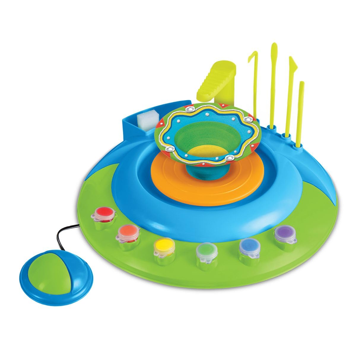 LEXIBOOK, Torno de Alfarería Motorizado para Niños, Kit Creativo con Arcilla Natural, Pinturas, Herramientas de Modelado y Accesorios, Verde, CRPOT1