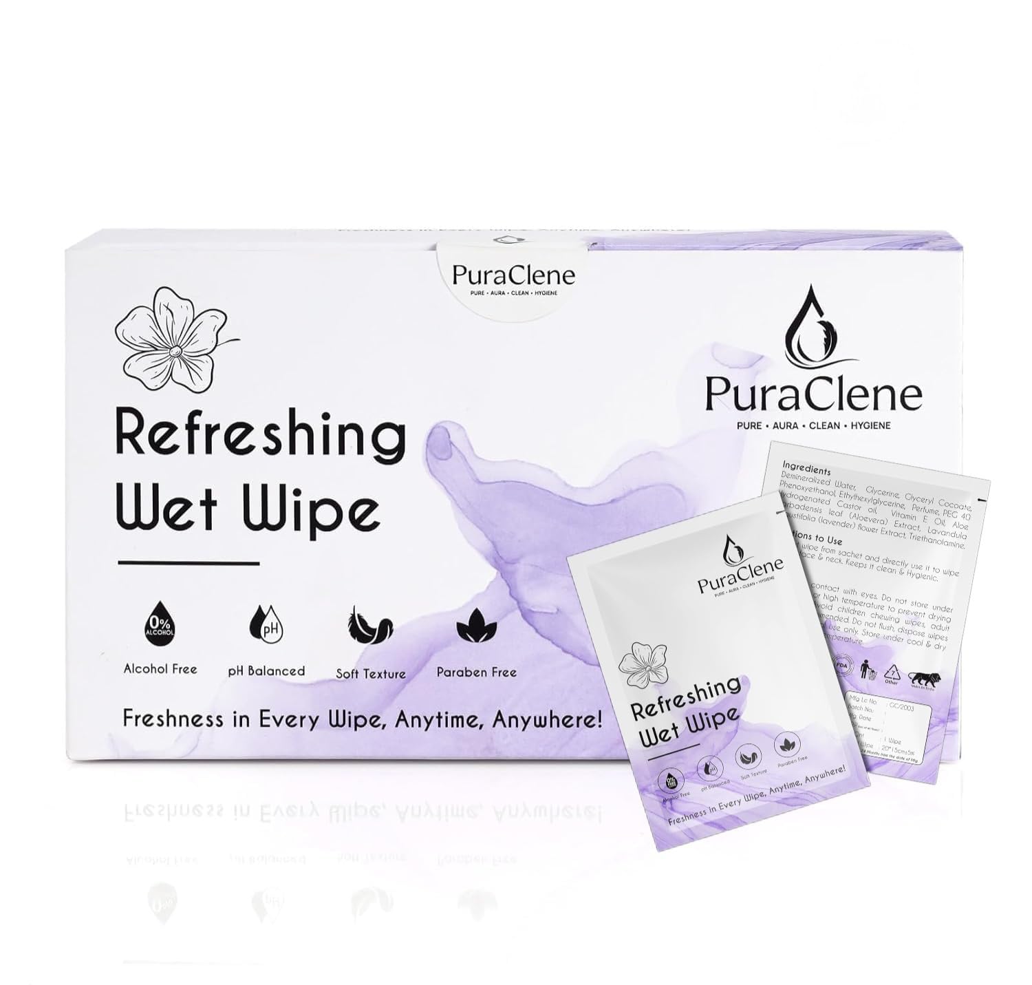 PuraClene Refreshing Wet Wipes, Alcohol-Free, pH Balanced, Paraben-Free, Soft Texture, Refreshing Wet Wipes purple Pack of 50