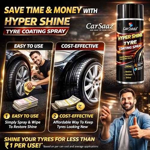 Image of CAR SAAZ Hyper Shine Tyre Coating Spray 250ml | Enhances Tyre Life, Restores Dull & Faded Tyres, Hydrophobic Protection | Long Lasting Gloss, Dressing Spray, Restore, Protect & Shine