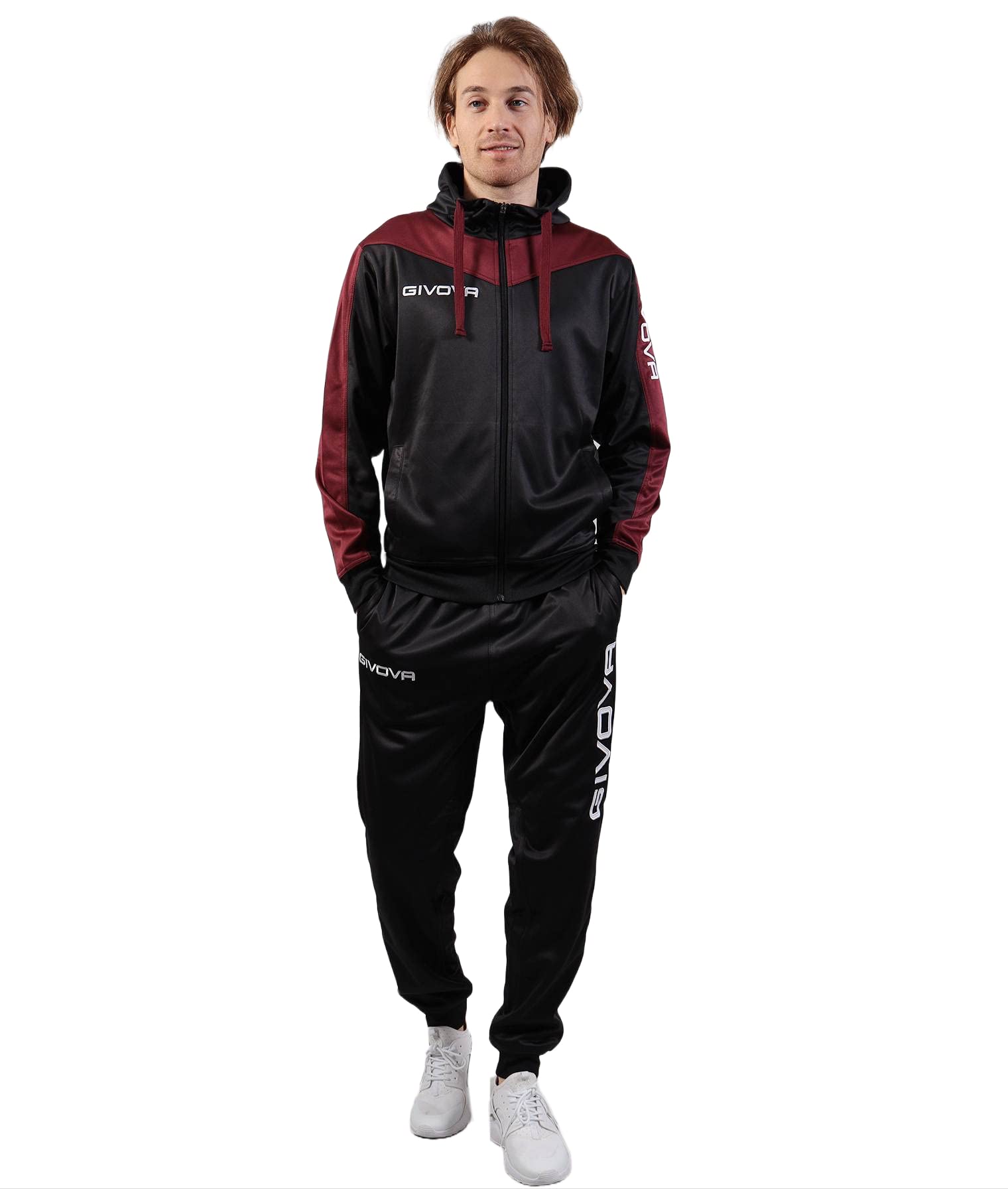 Givova Tuta Rome with Cappuccio Polarfleece Tracksuit, Black/Burgundy, XL