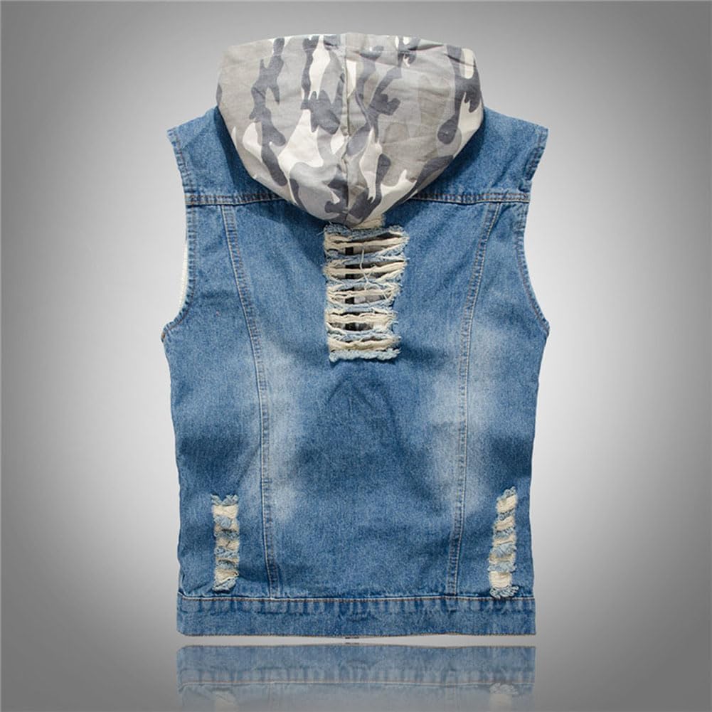 Denim Vest Men Ripped Distressed Destroyed Hooded Sleeveless Button Down Jean Vest