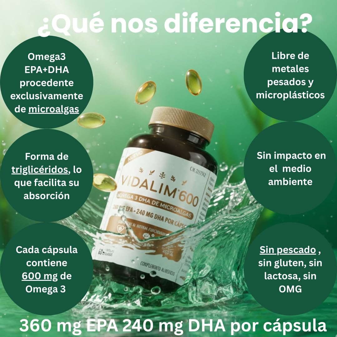 600 Omega 3 de microalgas.Una sola cápsula contiene 360 mg EPA y DHA 240 mg + Vitamina E. En forma de triglicliceridos para una mejor absorción. Concentración y pureza. 60 cápsulas blandas.