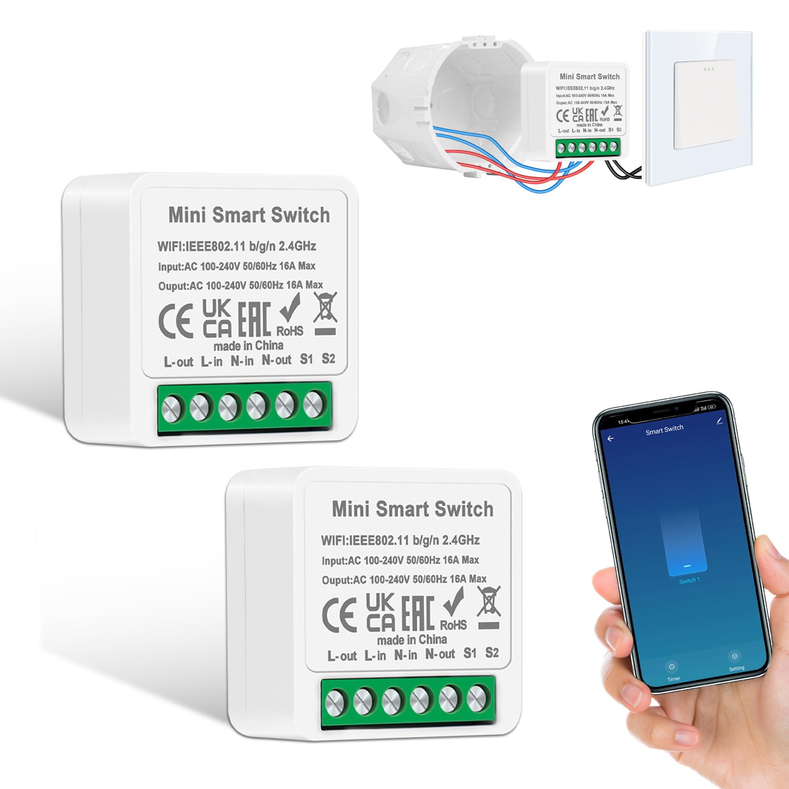 2 Pack CNBINGO WiFi Smart Light Switch, Mini DIY Breaker Module, Compatible with Alexa Echo, Google Assistant, Fits Behind Rocker Wall Switches, Support 1 Way or 2 Way,Need Neutral Wire