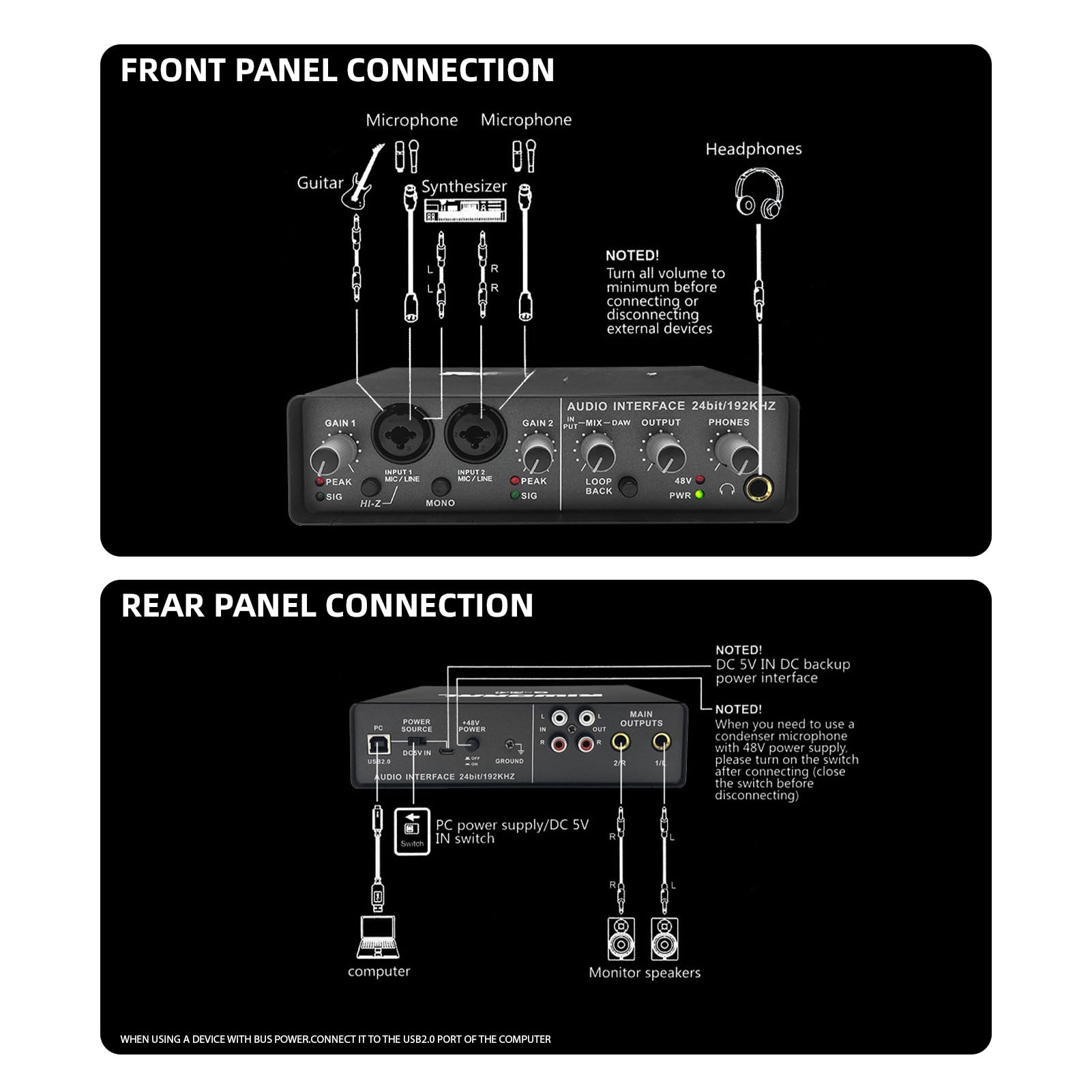 Interfaz de Audio USB Profesional Tarjeta Sonido Externa con Alimentación Fantasma 48V LoopBack Monitoreo sin Latencia Plug and Play para Grabación Transmisiones en Directo Producción Musical y Estudi