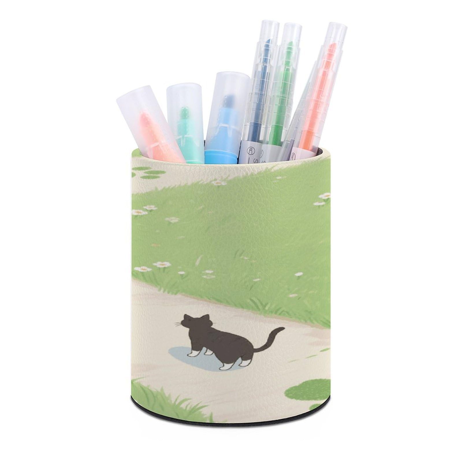 VstaDank - Round Pencil Holder PU Leather Pencil Holder Desk Organizer for Desk Desk Office Desk Home Decor (3.1" x 3.9")