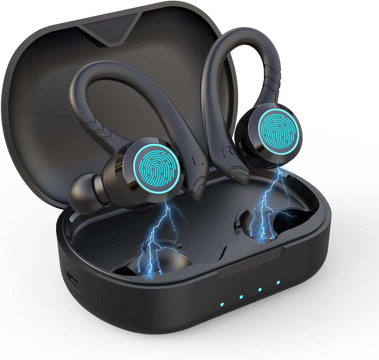 True Wireless Earbuds, Bluetooth 5.1 Sport Headphones, Over-Ear Buds with Earhooks, IPX8 Sweatproof Running Earphones with Mic Noise Cancelling for Samsung Andrion iPhone for Workout Gym (Black)