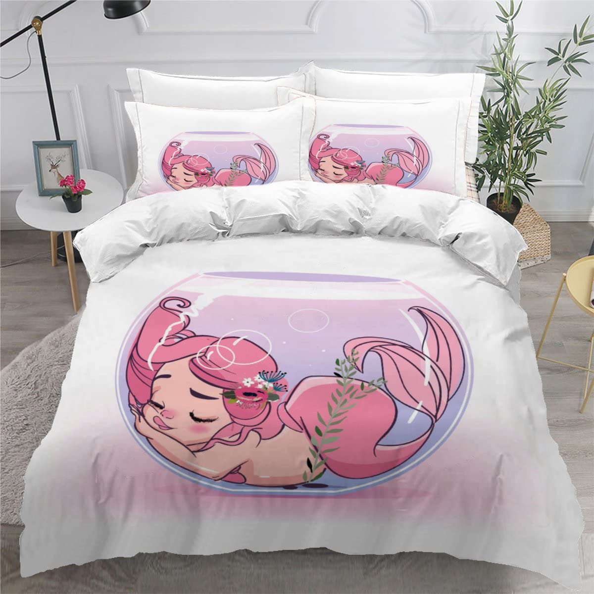 Housse de couette sirène 220x240 cm avec 2 taies d'oreiller en microfibre pour lit 2 personnes