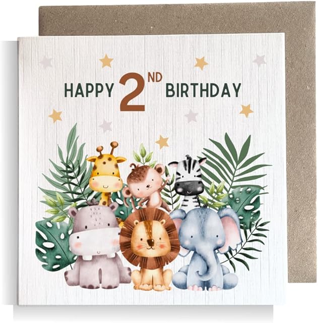 Second Ave 2nd Birthday Age 2 Children's Kids Baby Safari Square Card For Boy or Girl Birthday