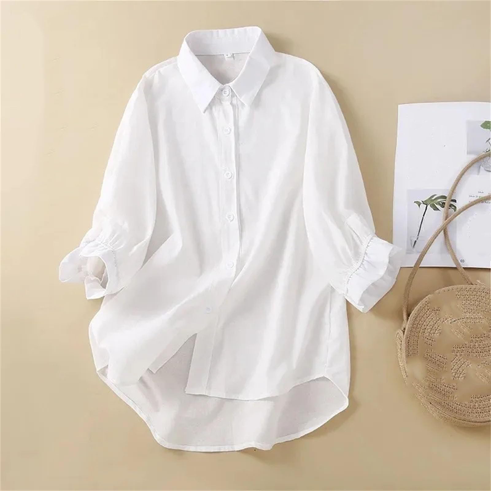 Camisa casual de manga larga para mujer, talla grande, estilo de algodón y lino, de un solo botonadura