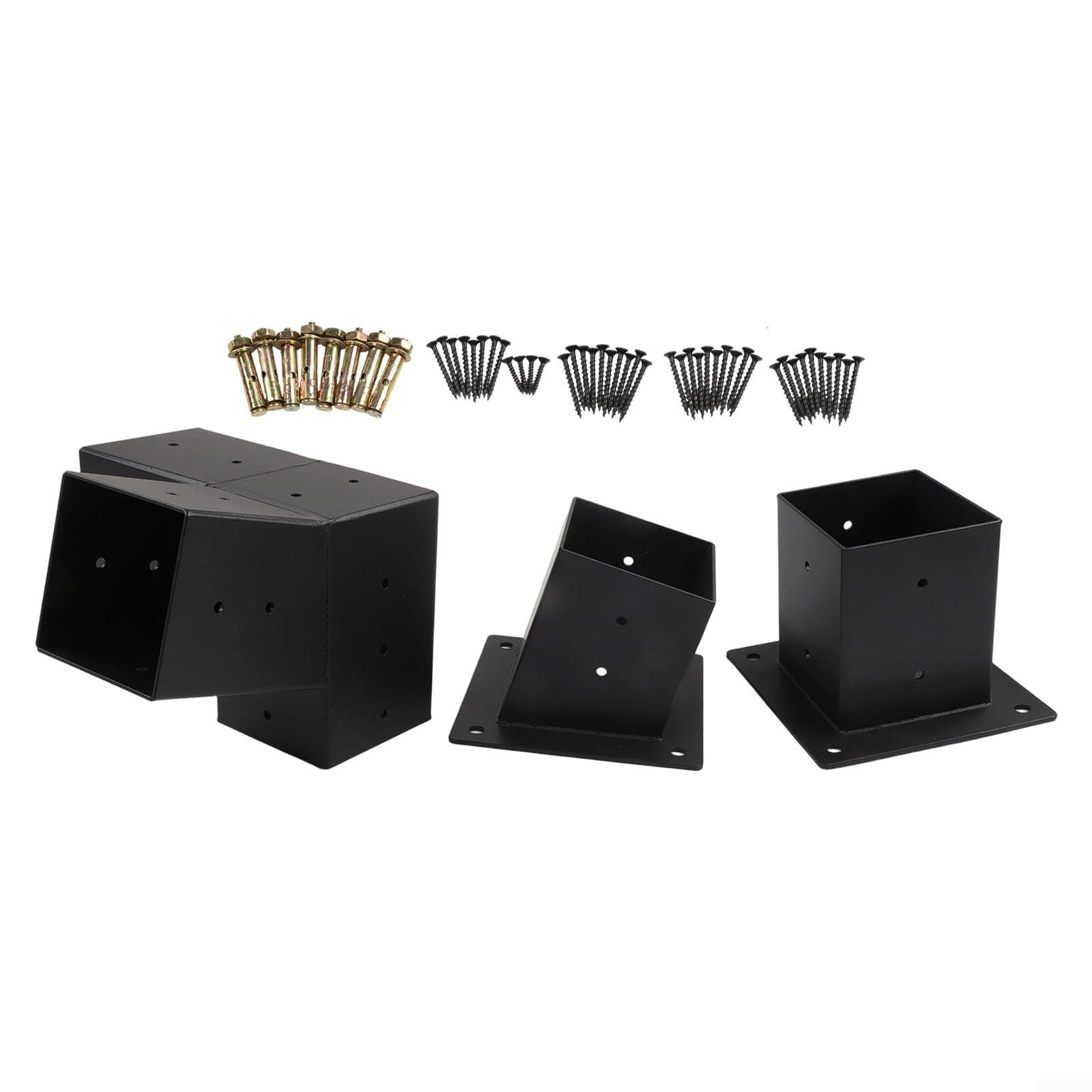 Schrägdach-Pergola-Wandhalterung für 10,2 x 10,2 cm Pfosten, robustes Stahl-3-Wege-Eck-Set mit Befestigungsmaterial, Schwarz (Rechts 15°-Set)