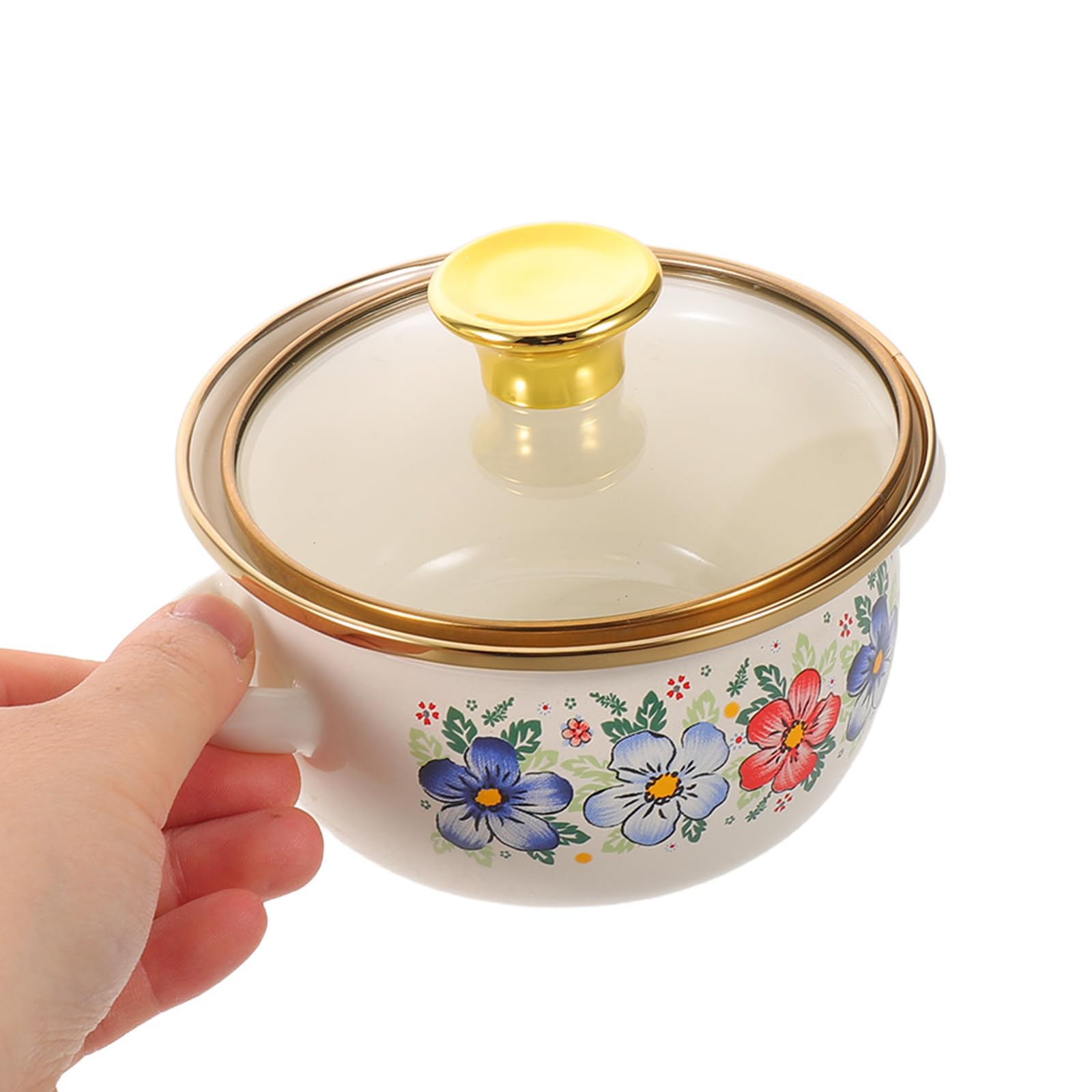 3 Piezas Olla Pequeña de Esmalte con Tapa de Vidrio y Doble Asa