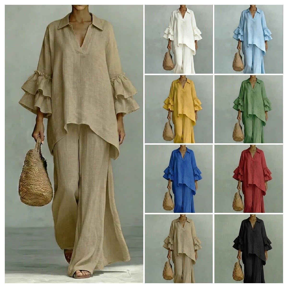 Ensemble Deux Pièces pour Femme : Chemisier À Col V Et Manches Cloche À Volants Étagés, Ourlet Asymétrique, Pantalon Large. Tenue Décontractée Et Ample, Idéale pour La Plage, Les V
