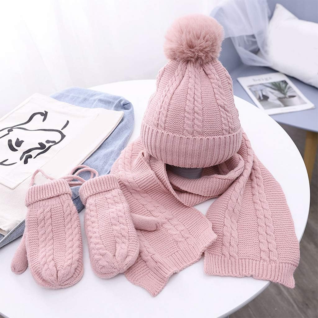 Scarf,Winter Beanie Hat Long Scarf Gloves with String Set for Kids Pompom Cuffed Skullcap Mittens Scarf