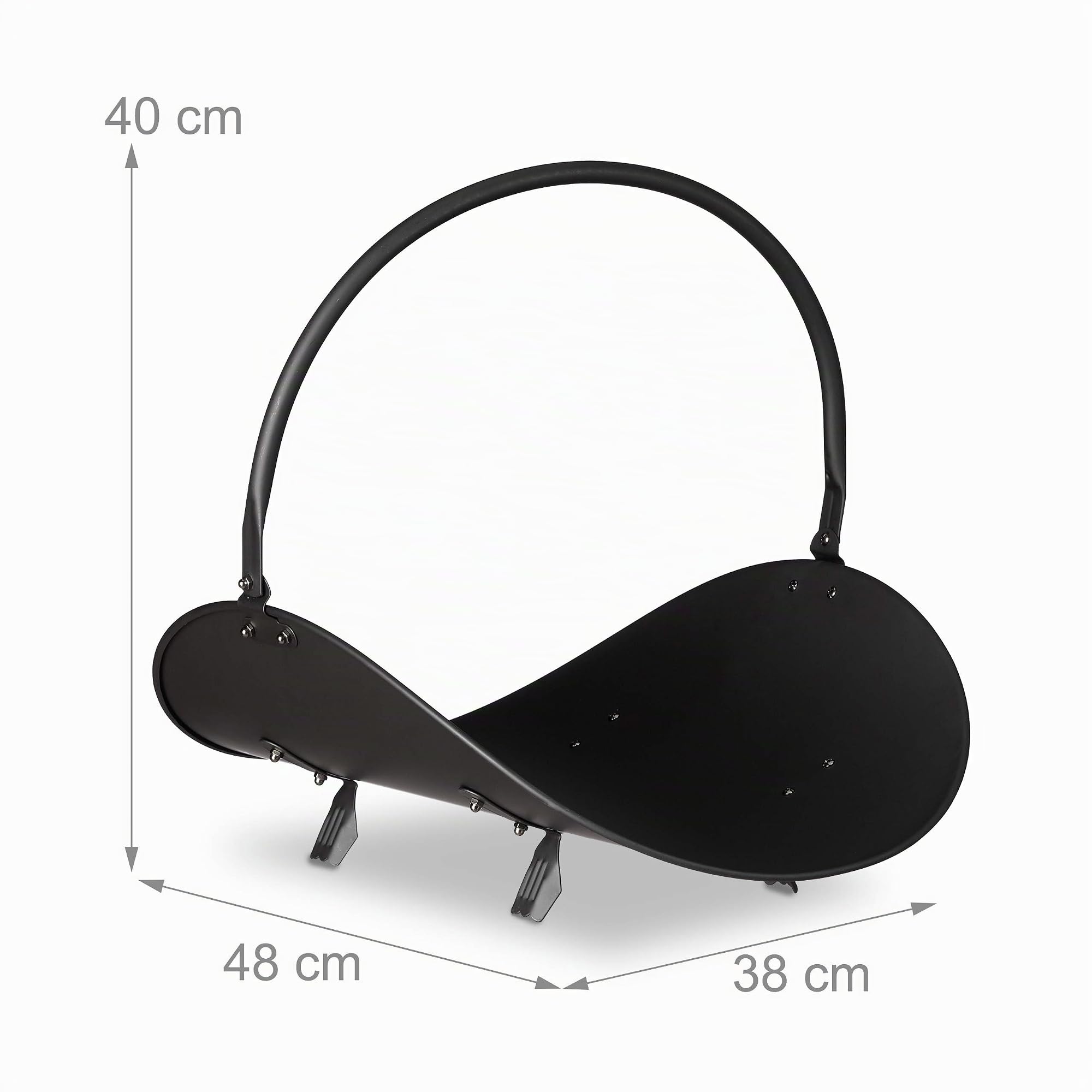Relaxdays Cesta para Leña Moderna con Asa, Canasto Chimenea, Almacenaje Madera y Transporte, Acero, 40x38x48 cm, Negro