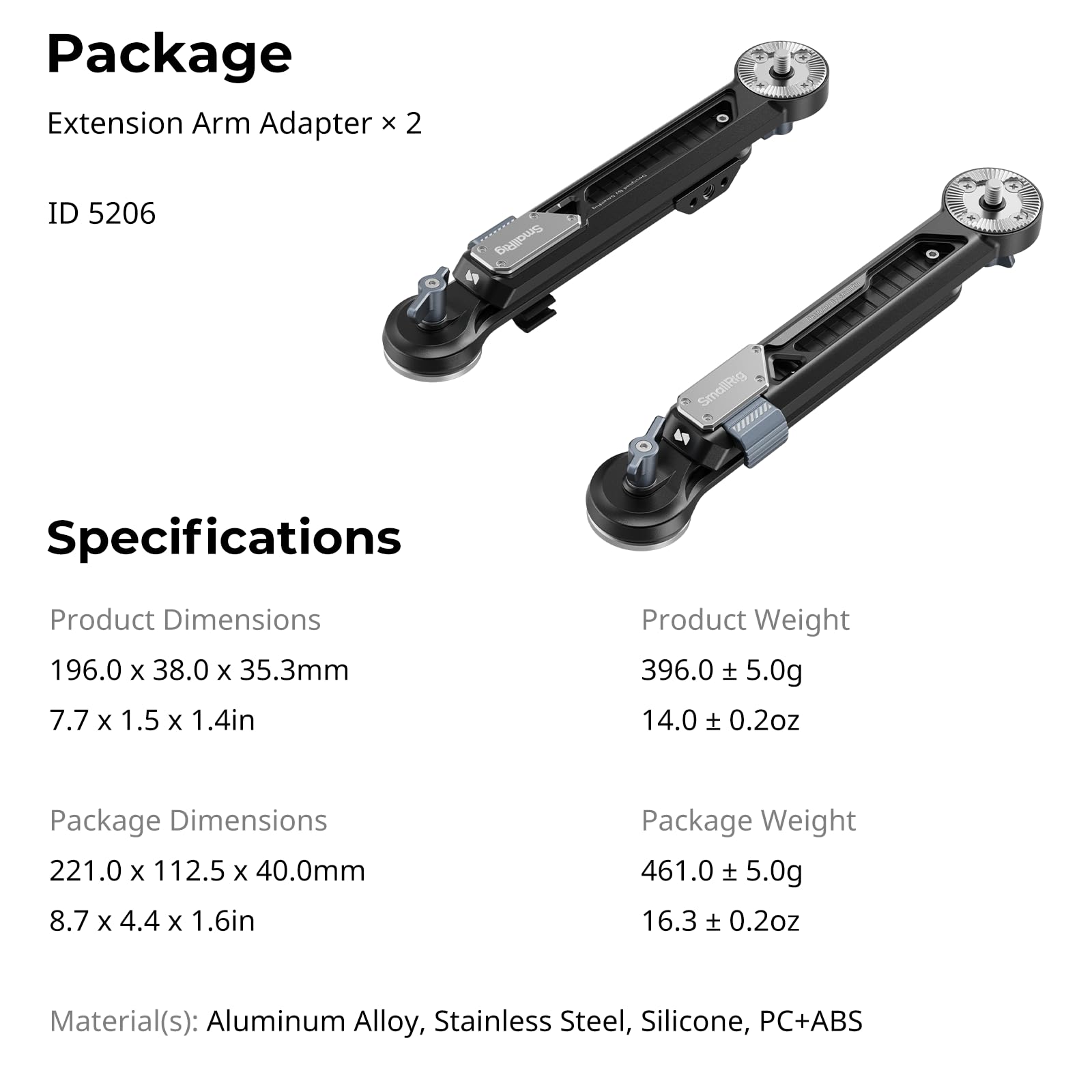 SMALLRIG Adaptador de Extensión de Brazo con Rosetón M6 para ARRI, Ajuste Rápido de Longitud con un Solo Toque, Paquete de 2-5206
