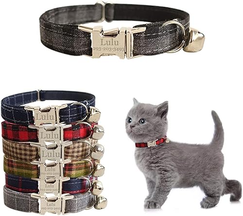 Miniatura 7 de Collar de gato personalizado con placa de nombre collar ajustable de nailon resistente para identificación de gato con campana personaliza grabando