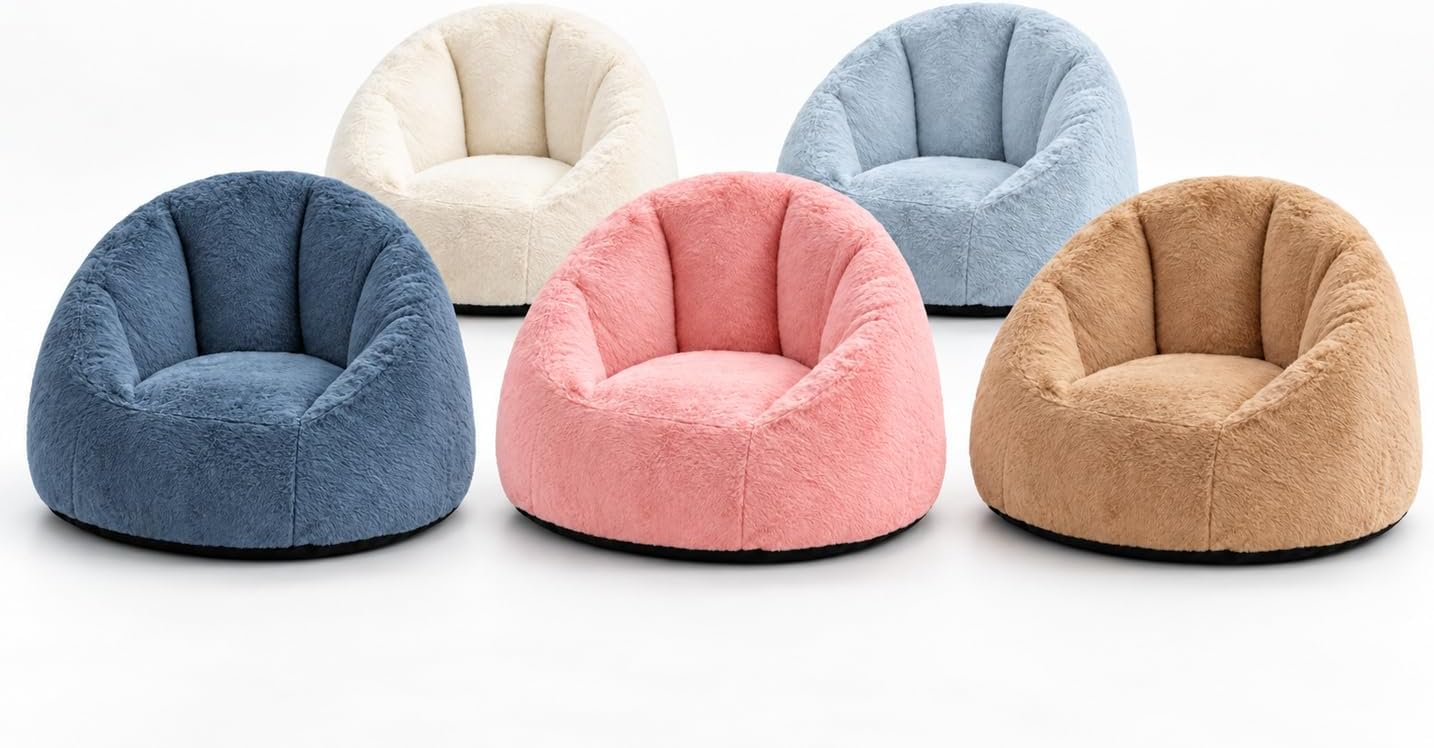 N&V Small Bean Bag Chair for Kids, Children Mini Bean Bag Sack, Foam Filling, Includes Removable and Machine Washable Cover, 27in, Soft Faux Fur (White)